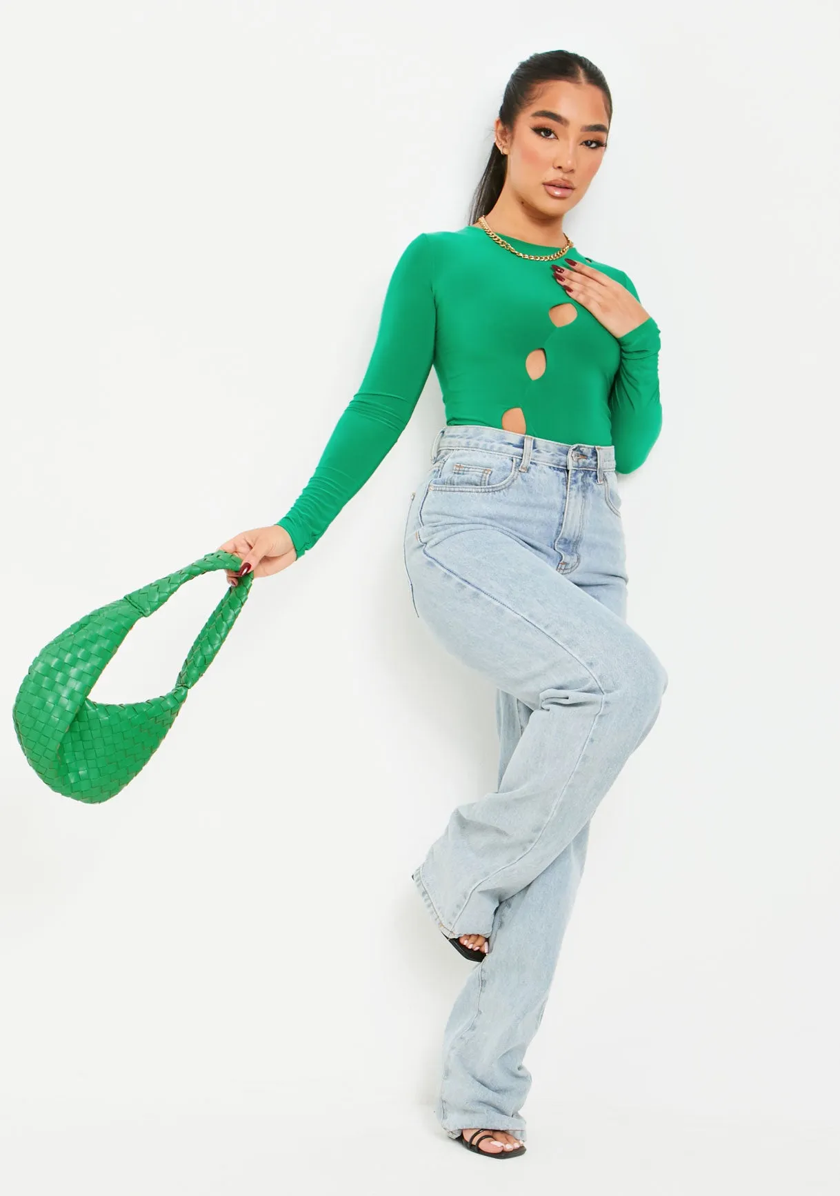 Olivia Green Double Layer Slinky Cut Out Long Sleeve Bodysuit sold by Missy Empire product image thumbnail 4