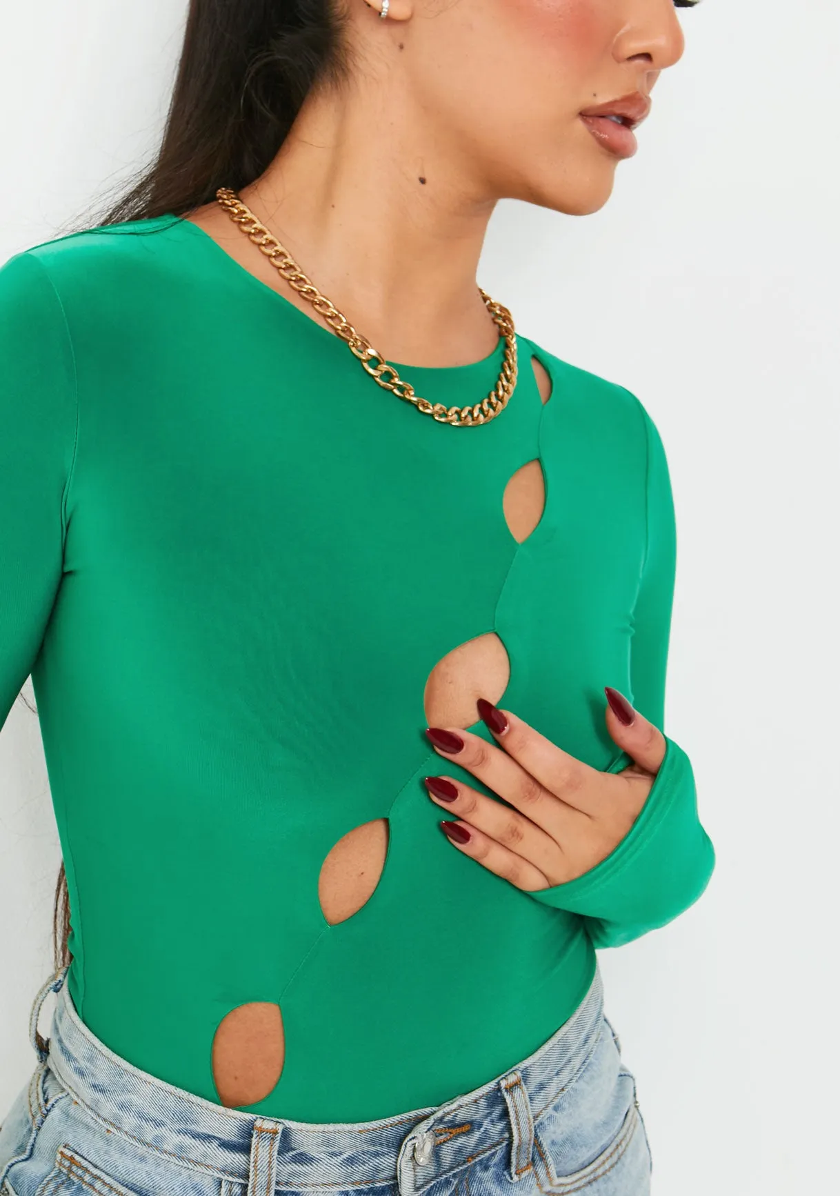 Olivia Green Double Layer Slinky Cut Out Long Sleeve Bodysuit sold by Missy Empire product image thumbnail 2