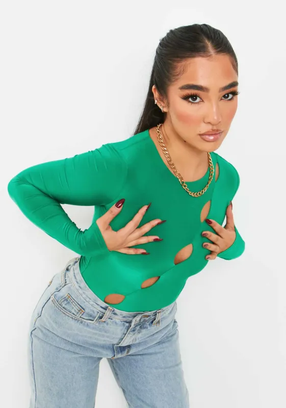 Olivia Green Double Layer Slinky Cut Out Long Sleeve Bodysuit sold by Missy Empire