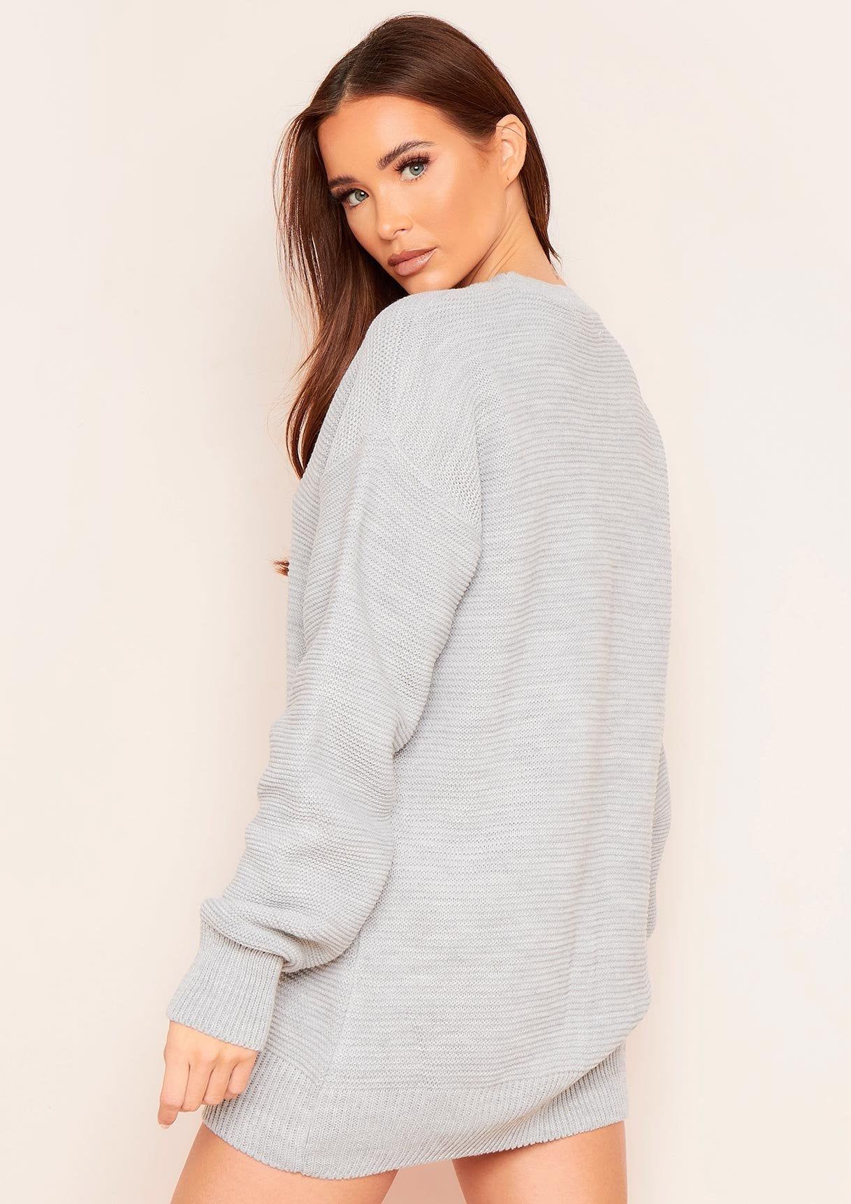 Emily Grey Ribbed Loose Fit Knitted Crew Neck Jumper Dress sold by Missy Empire product image thumbnail 2