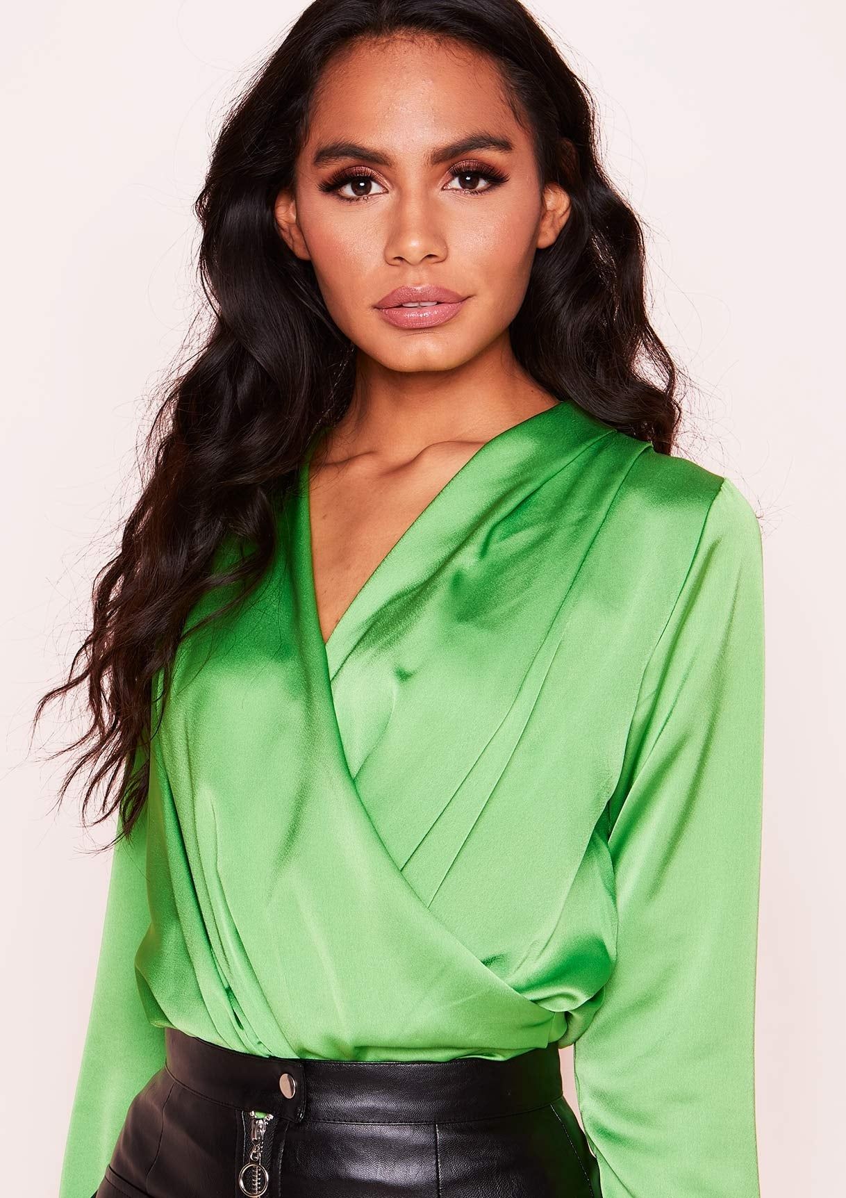 Monika Green Satin Wrap Bodysuit sold by Missy Empire product image thumbnail 2