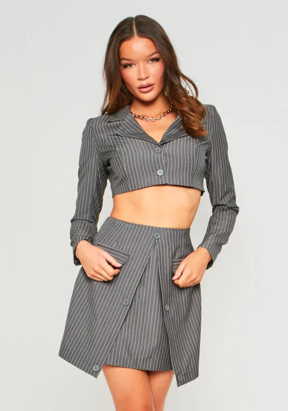 Mia Charcoal Striped Tailored Button Up Asymmetric Mini Skirt sold by Missy Empire