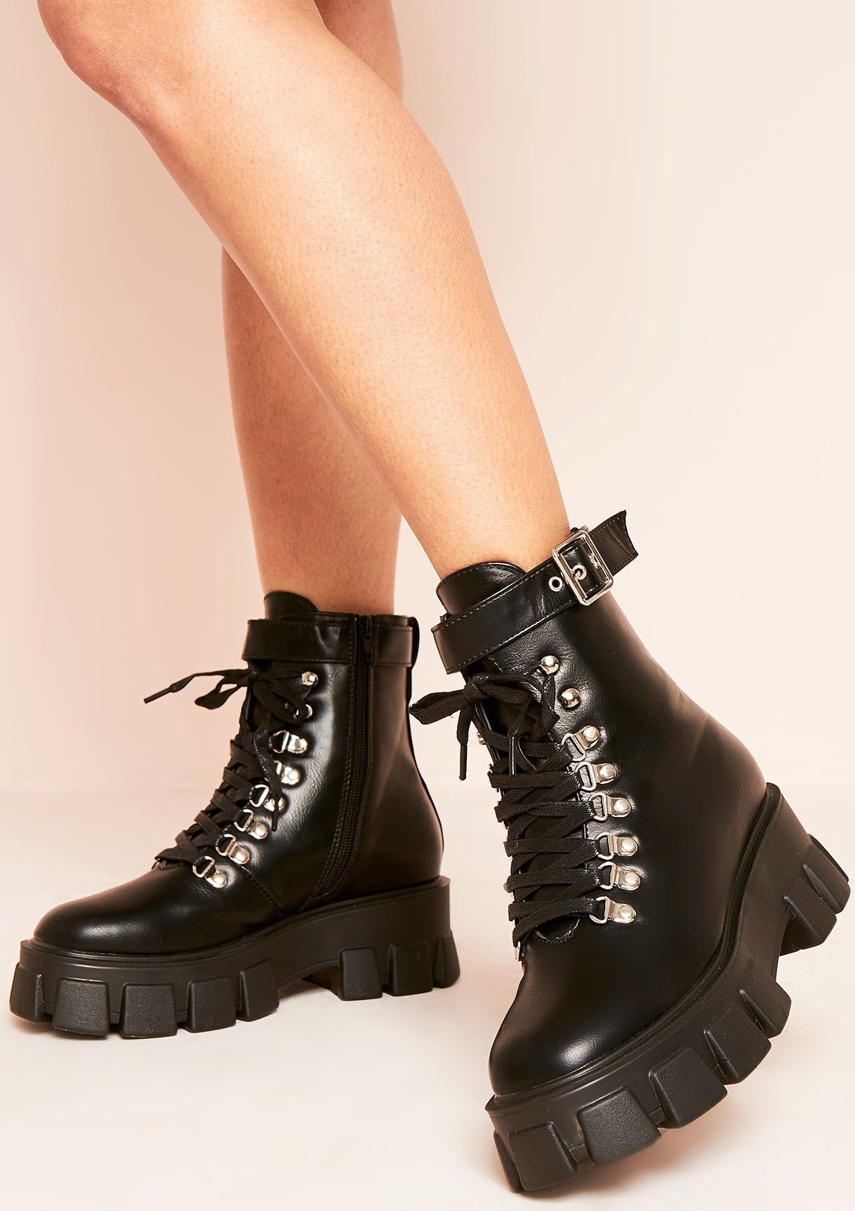 Kelly Black Vegan Leather Lace Up Chunky Boots sold by Missy Empire