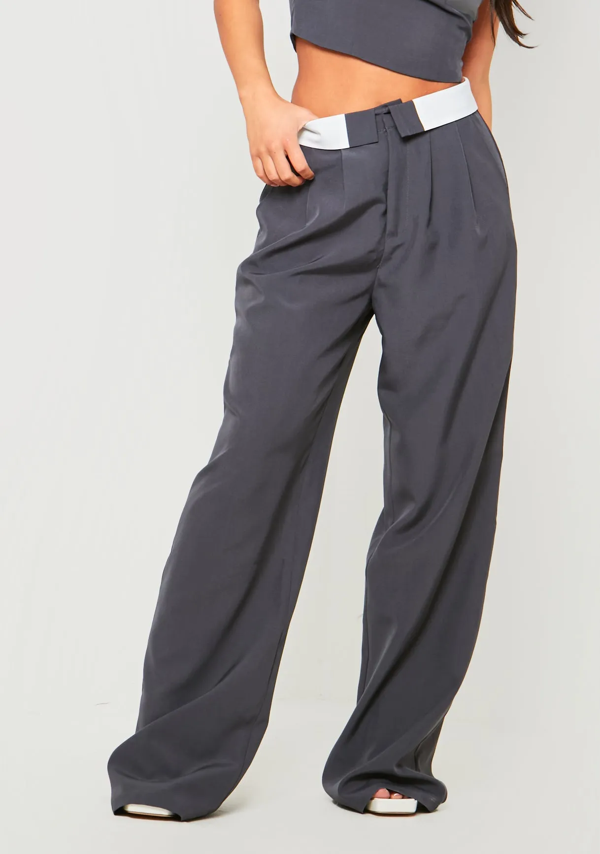 Gracie Charcoal Fold Over Waist Wide Leg Trousers sold by Missy Empire product image thumbnail 2
