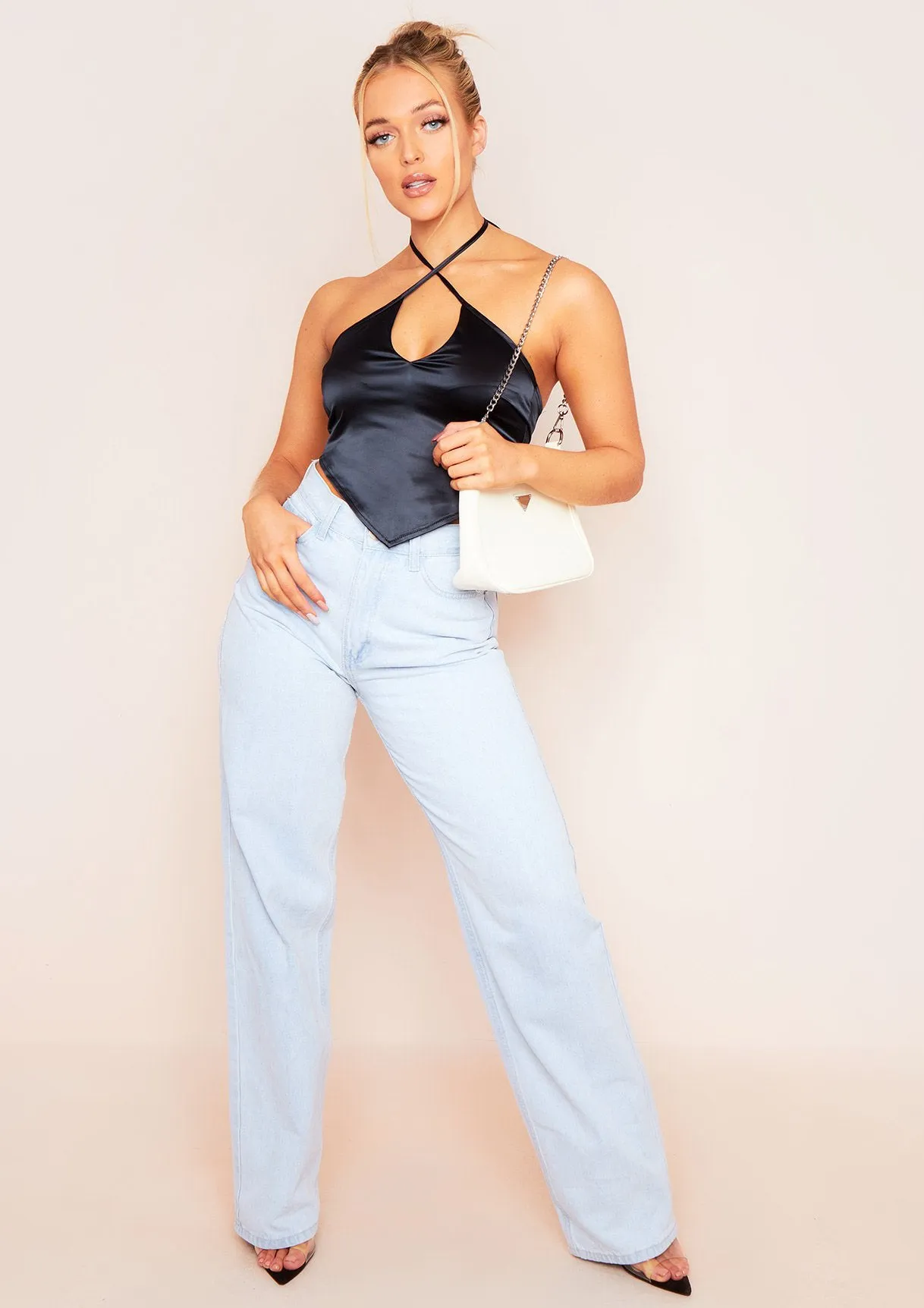 Aliyah Black Cross Strap Satin Tie Pointed Hem Top sold by Missy Empire product image thumbnail 5