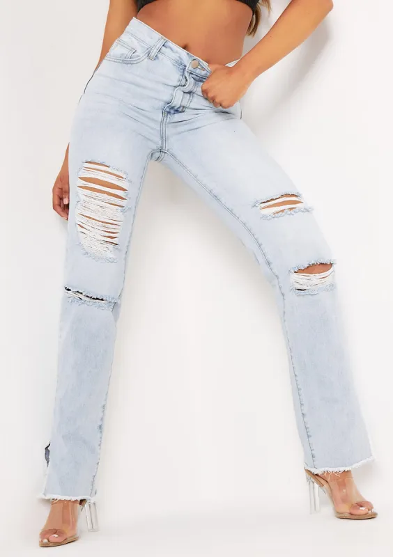 Lucie Denim Light Wash Distressed Split Raw Hem Jeans made by Missy Empire