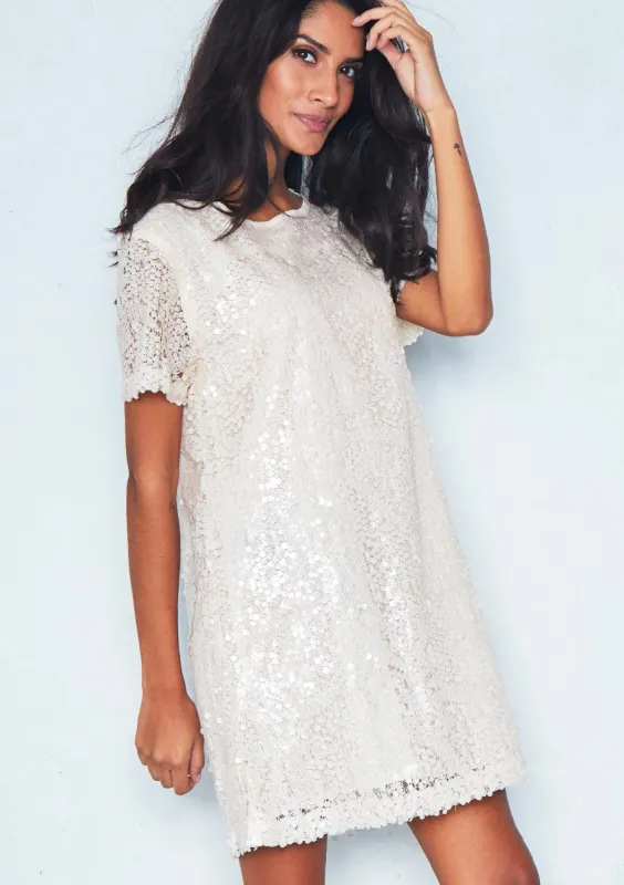 Dana Cream Embellished Shift Dress sold by Missy Empire