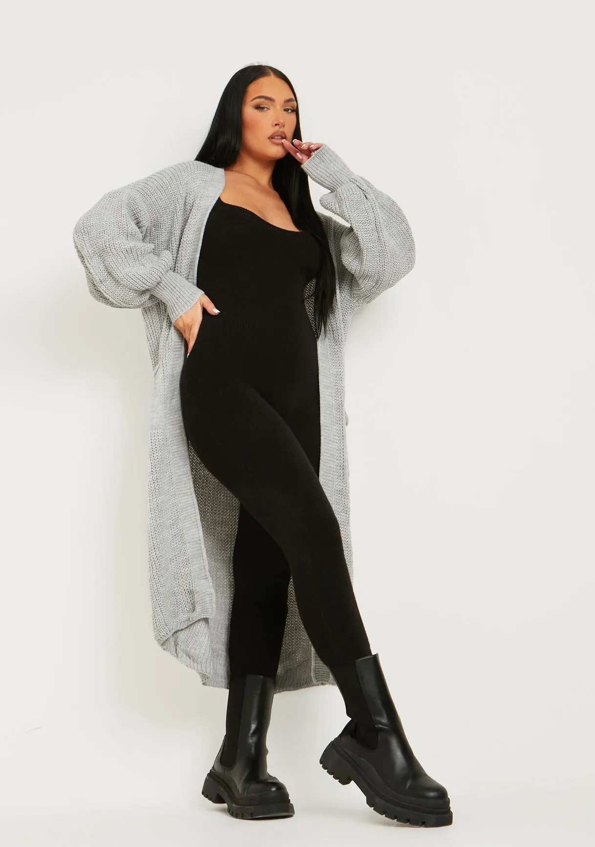 Nathalie Grey Balloon Sleeve Knitted Cardigan sold by Missy Empire