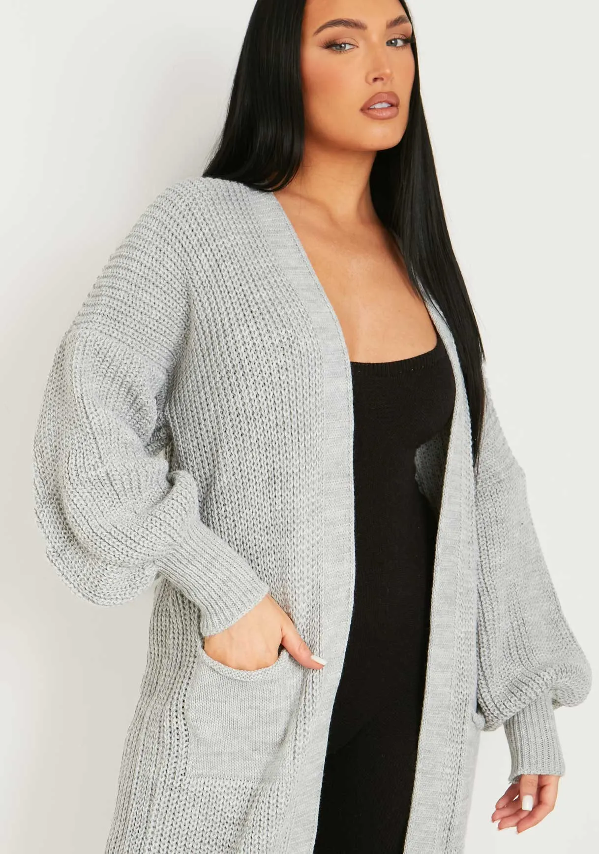 Nathalie Grey Balloon Sleeve Knitted Cardigan sold by Missy Empire product image thumbnail 2