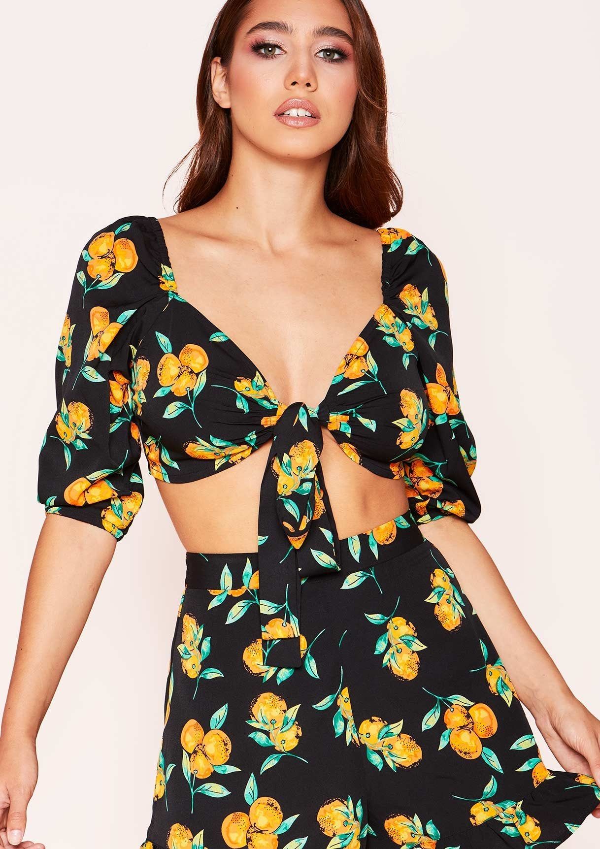 Amber Black Orange Print Tie Front Crop Top sold by Missy Empire