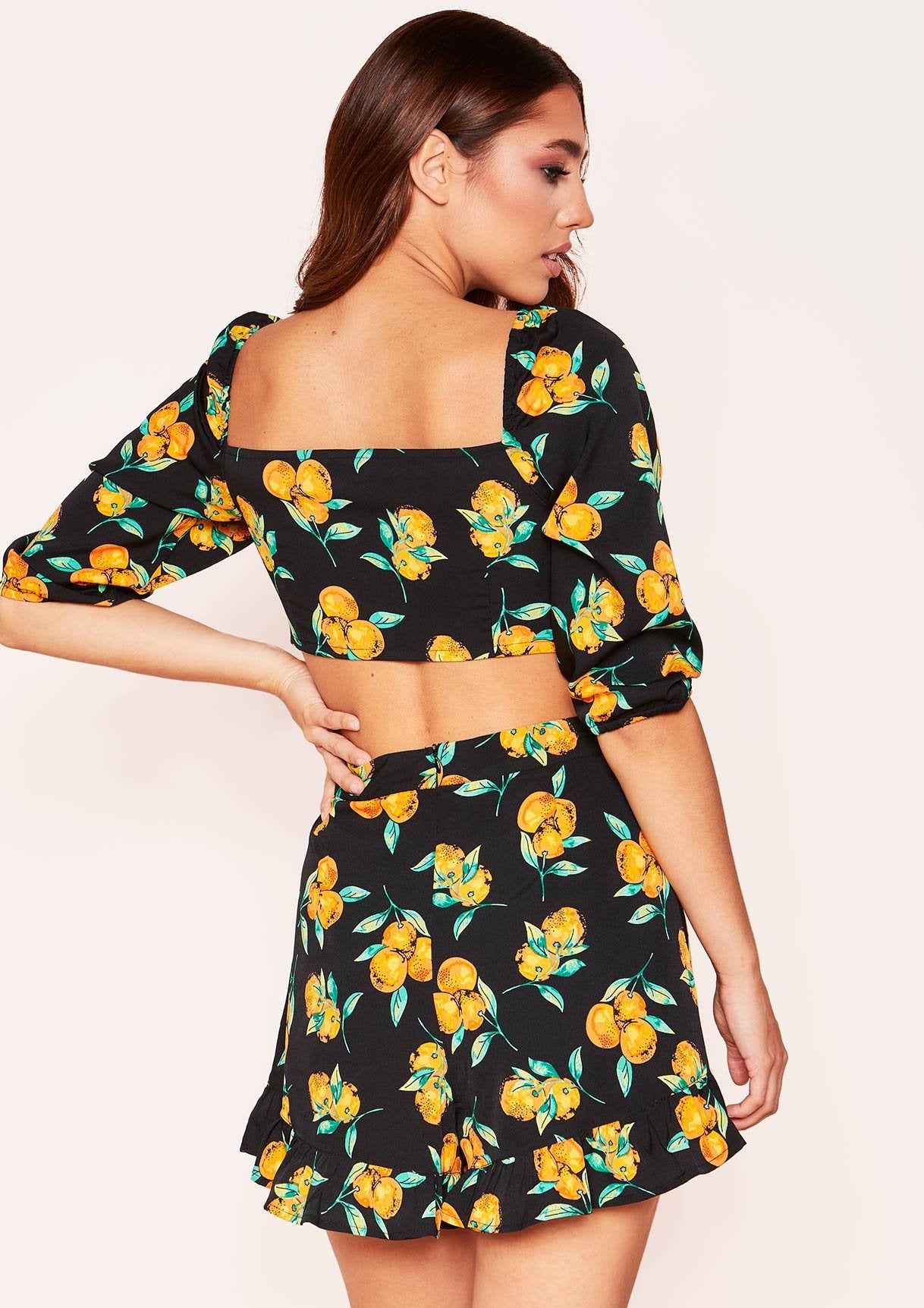 Amber Black Orange Print Tie Front Crop Top sold by Missy Empire product image thumbnail 2