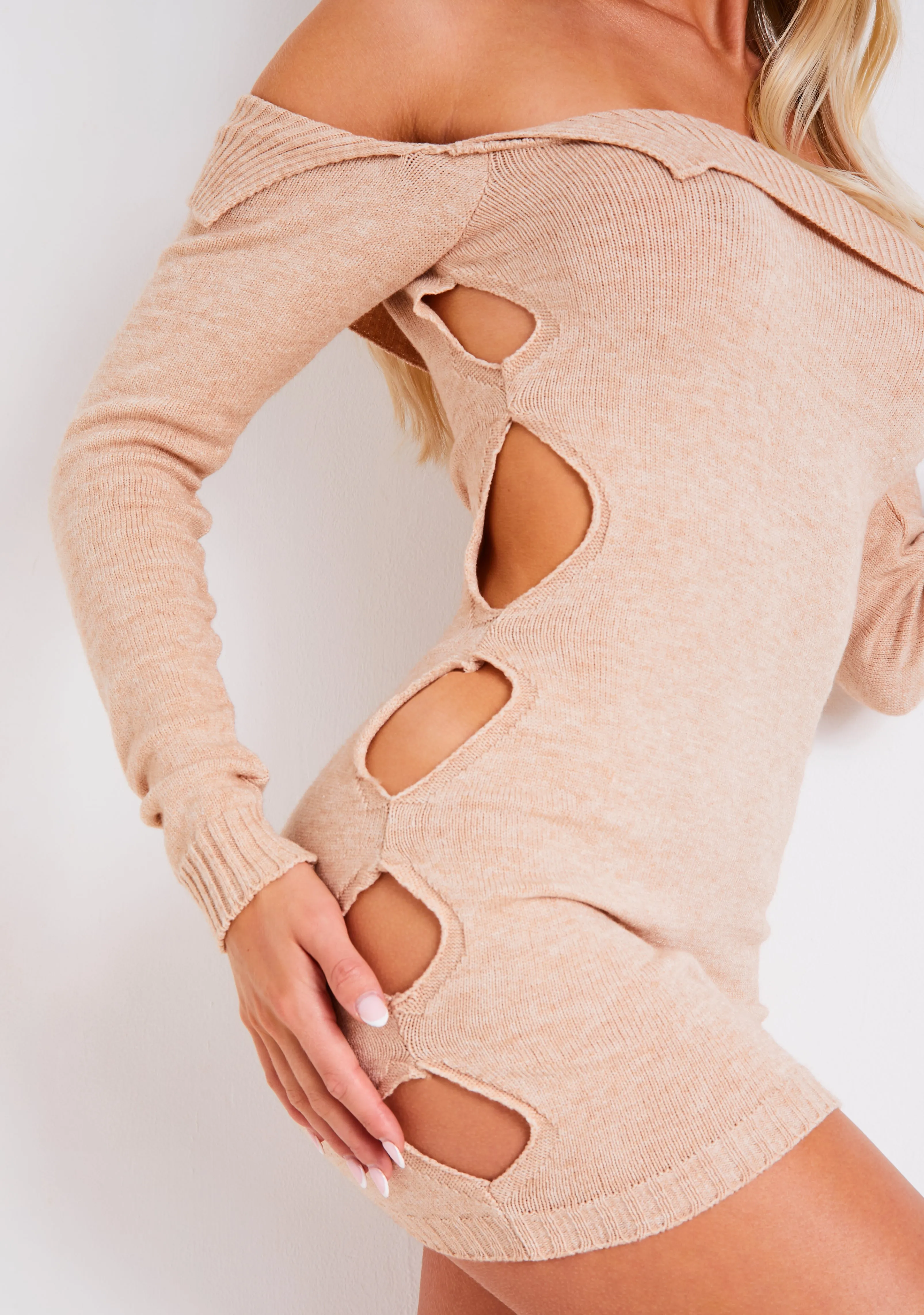Mya Beige Knitted Bardot Cut Out Mini Dress sold by Missy Empire product image thumbnail 3