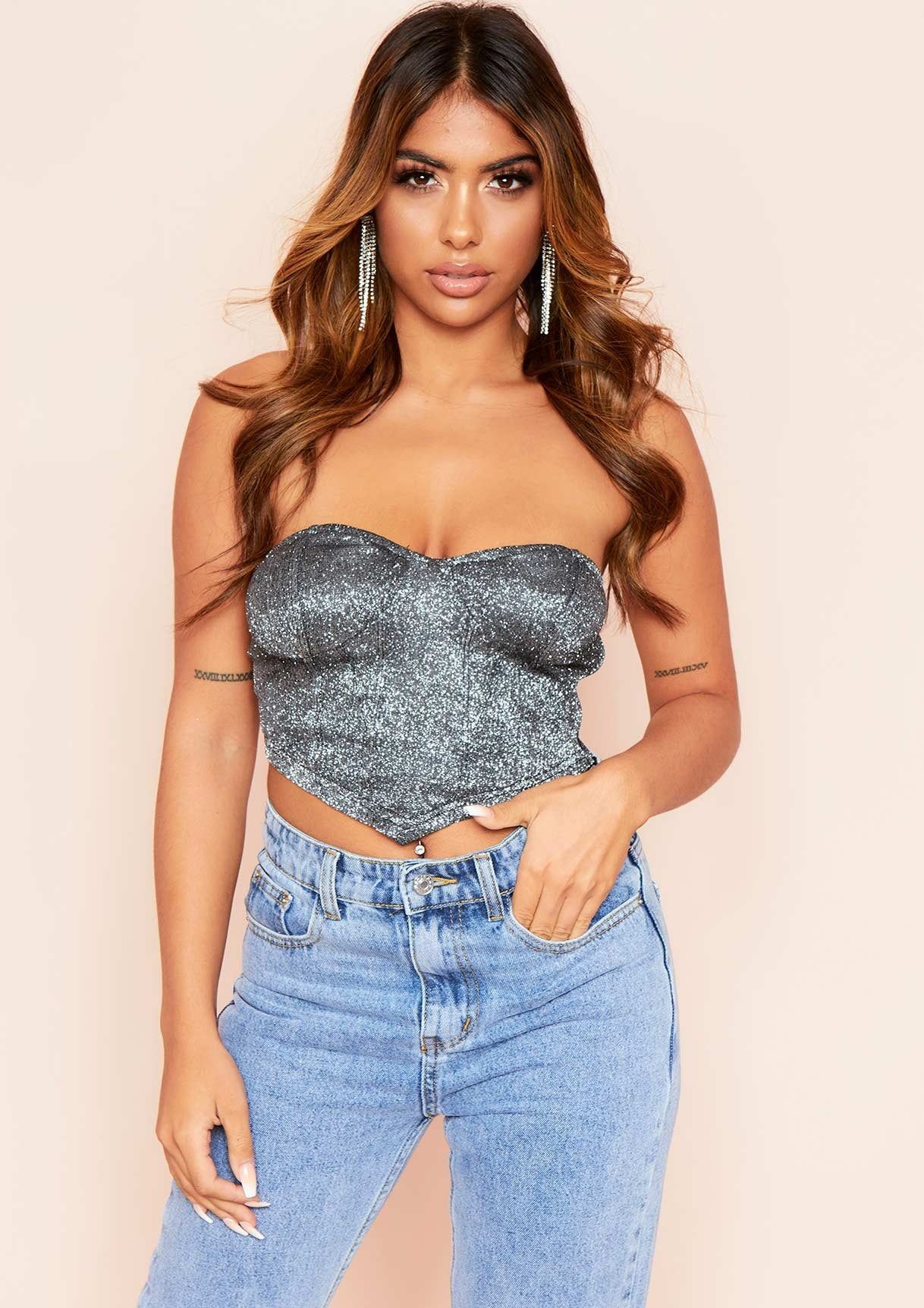 Jade Black Glitter Cupped Corset Top sold by Missy Empire
