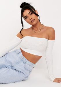 Claire Cream Soft Rib Bardot Long Sleeve Crop Top sold by Missy Empire