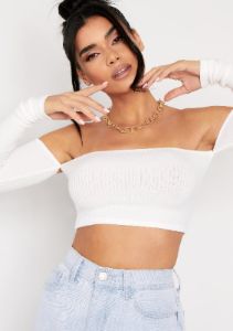 Claire Cream Soft Rib Bardot Long Sleeve Crop Top sold by Missy Empire