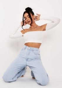 Claire Cream Soft Rib Bardot Long Sleeve Crop Top sold by Missy Empire