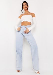 Claire Cream Soft Rib Bardot Long Sleeve Crop Top sold by Missy Empire