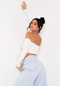 Claire Cream Soft Rib Bardot Long Sleeve Crop Top sold by Missy Empire