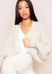 Mary Beige Balloon Sleeve Cropped Knitted Cardigan sold by Missy Empire