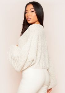 Mary Beige Balloon Sleeve Cropped Knitted Cardigan sold by Missy Empire