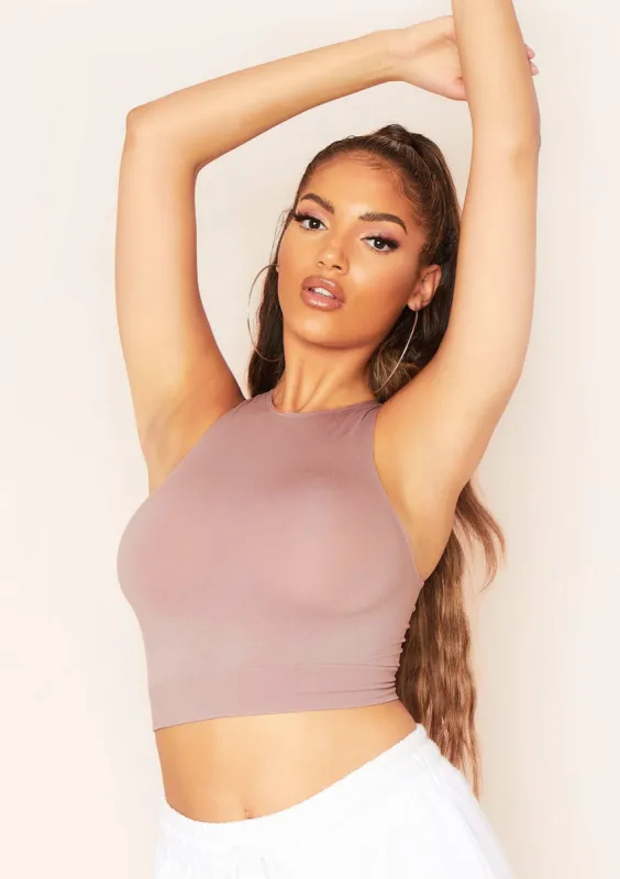 Khloe Mocha Seamless Extreme Racer Crop Top sold by Missy Empire