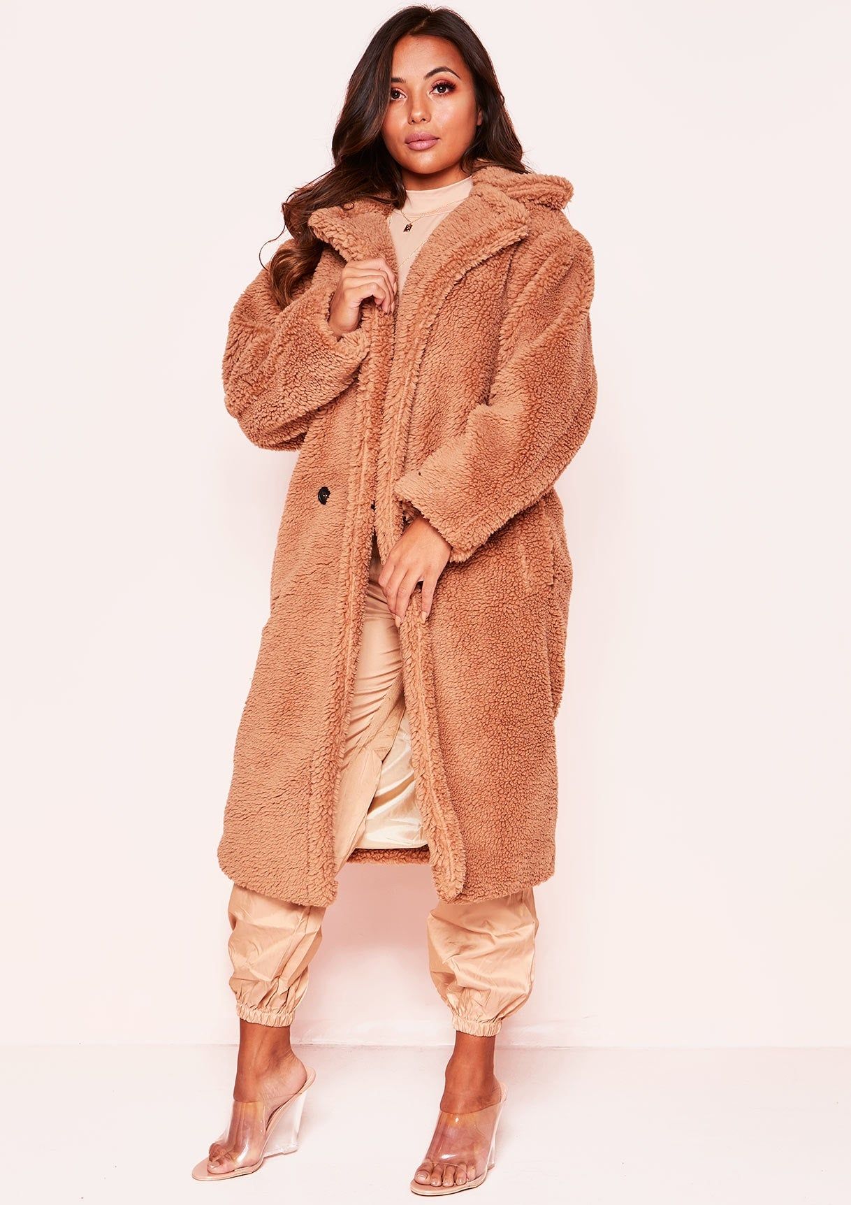 Ellie Camel Teddy Faux Fur Oversized Coat sold by Missy Empire
