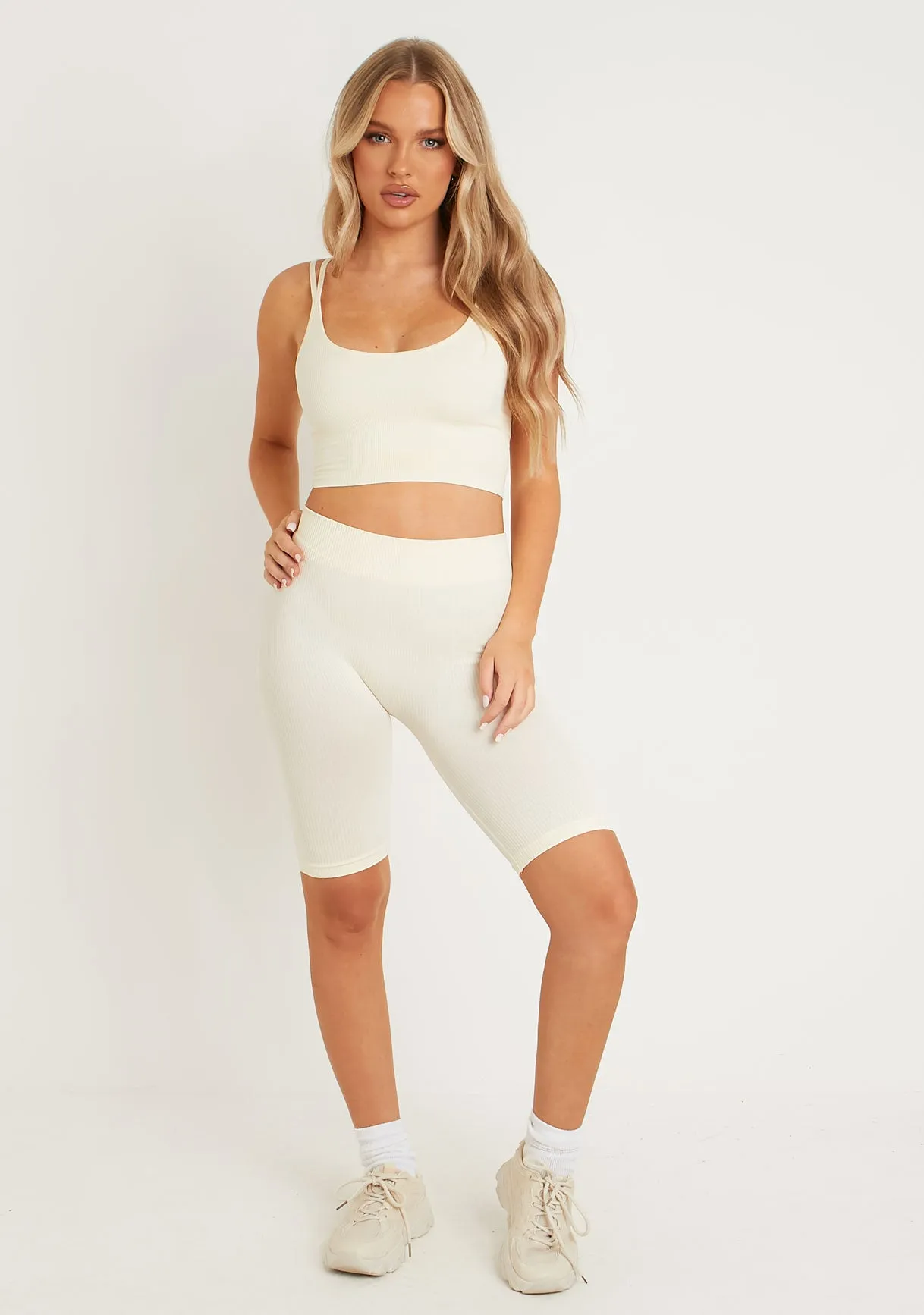 Kara Cream Seamless Ribbed Scoop Neck Double Strap Crop Top sold by Missy Empire product image thumbnail 4