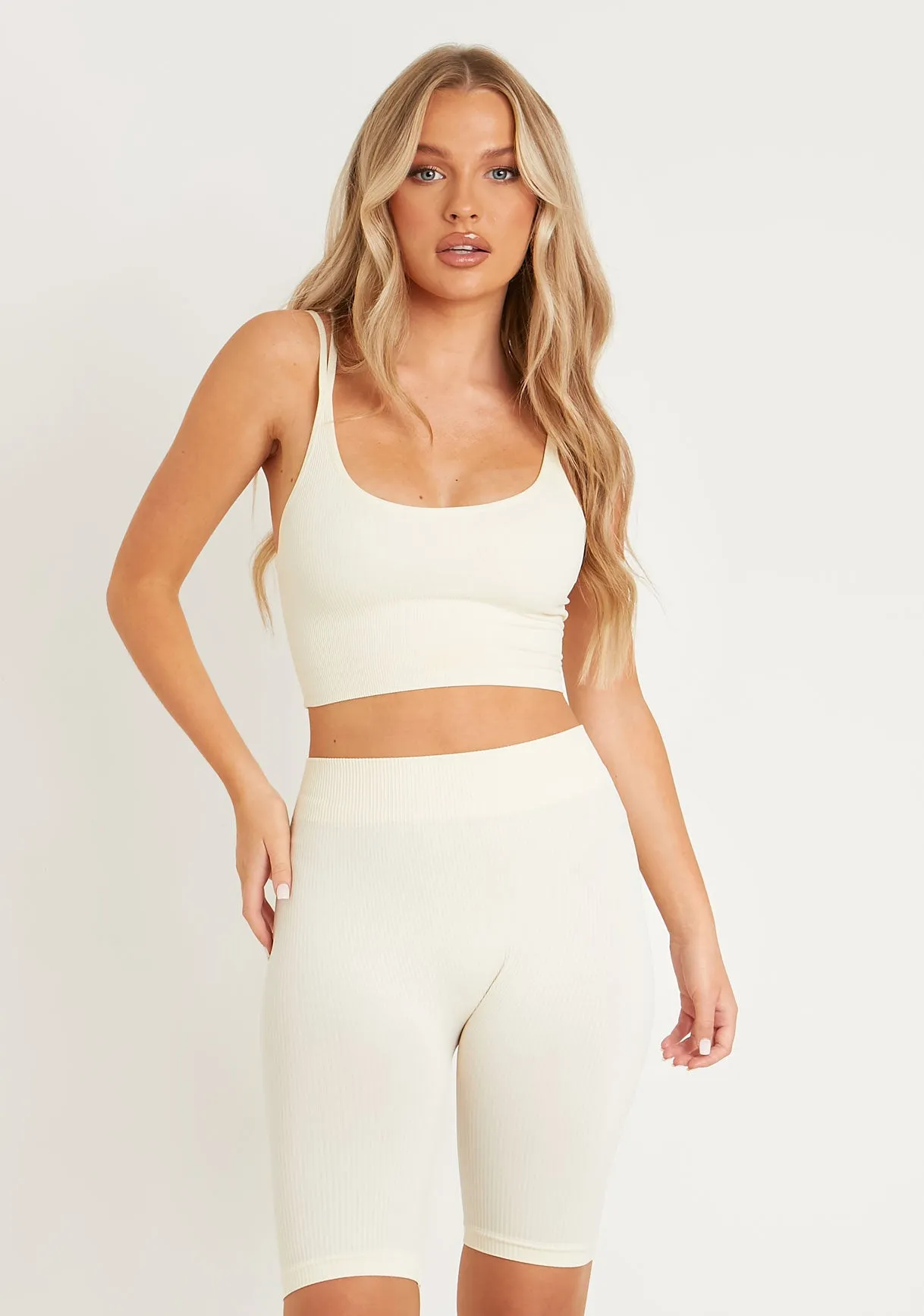 Kara Cream Seamless Ribbed Scoop Neck Double Strap Crop Top sold by Missy Empire product image thumbnail 2