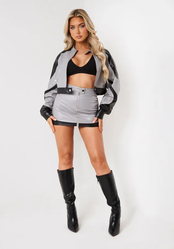 Avery Grey Multi Contrast Faux Leather Mini Skirt made by Missy Empire