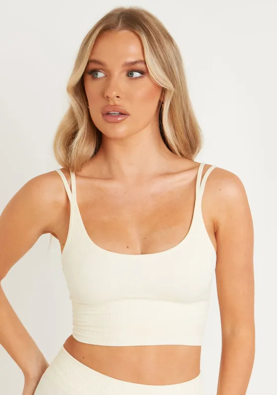 Kara Cream Seamless Ribbed Scoop Neck Double Strap Crop Top sold by Missy Empire