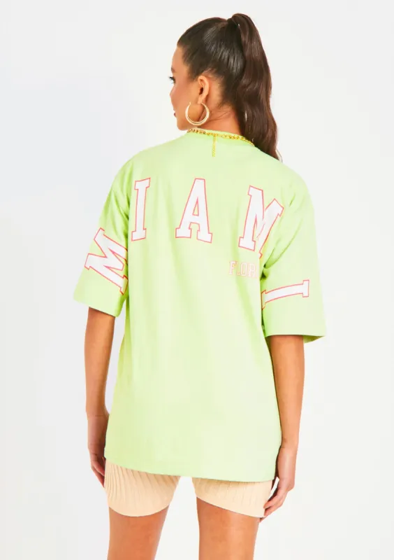 Ariel Lime Miami Slogan Oversized T-Shirt sold by Missy Empire
