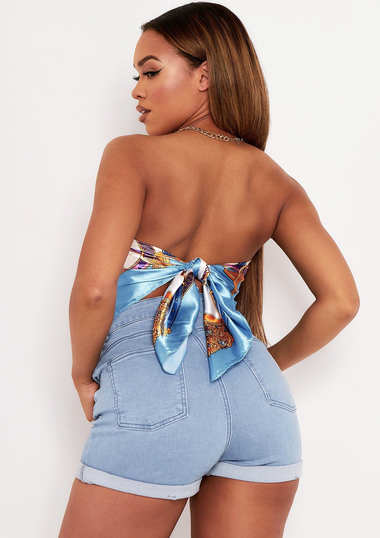 Luisa Blue Chain Print Satin Tie Back Bandana Scarf Top sold by Missy Empire product image thumbnail 2