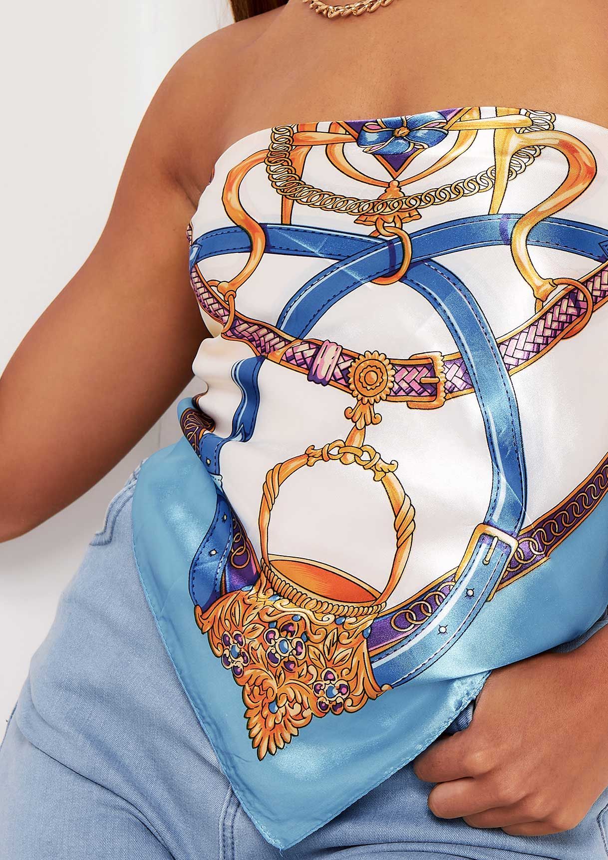 Luisa Blue Chain Print Satin Tie Back Bandana Scarf Top sold by Missy Empire product image thumbnail 3