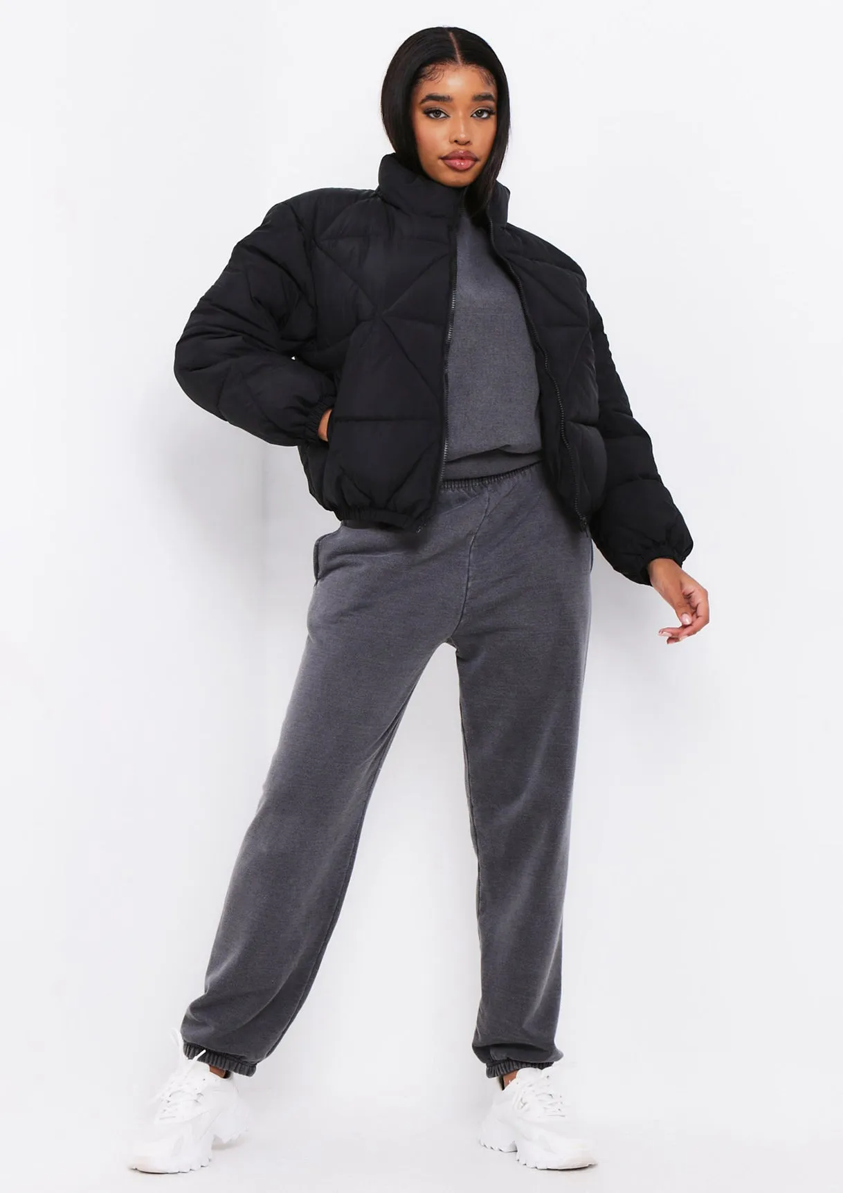 Zarina Black Diamond Quilted Logo Padded Puffer Coat sold by Missy Empire product image thumbnail 4