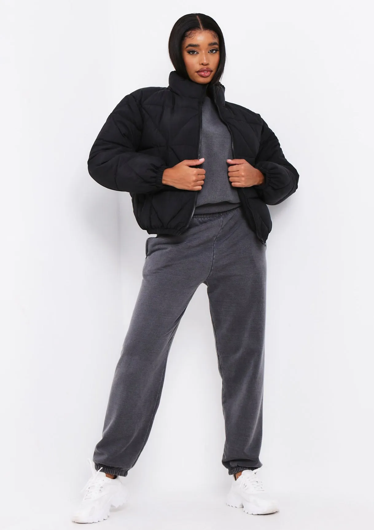 Zarina Black Diamond Quilted Logo Padded Puffer Coat sold by Missy Empire product image thumbnail 3