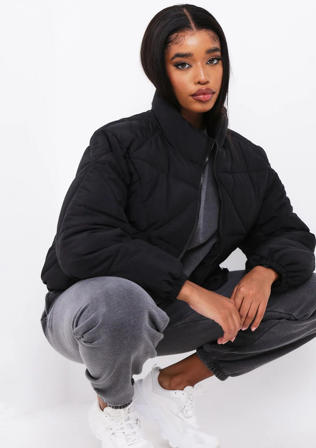 Zarina Black Diamond Quilted Logo Padded Puffer Coat sold by Missy Empire product image thumbnail 2