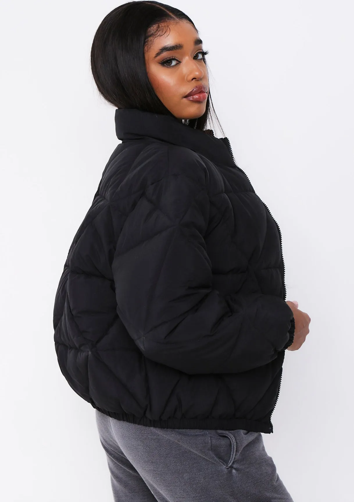 Zarina Black Diamond Quilted Logo Padded Puffer Coat sold by Missy Empire