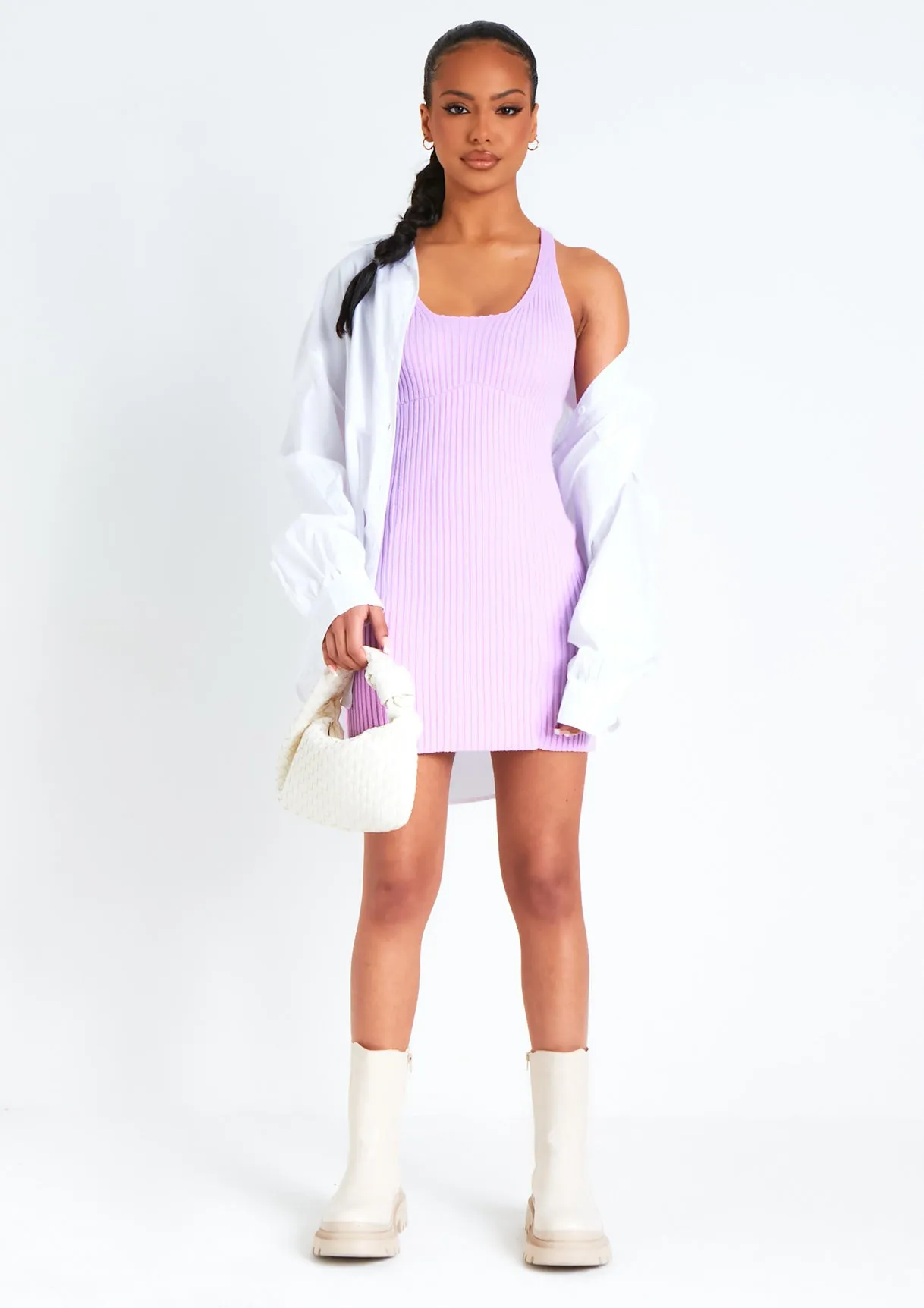 Brooke Lilac Cross Back Knitted Mini Dress sold by Missy Empire