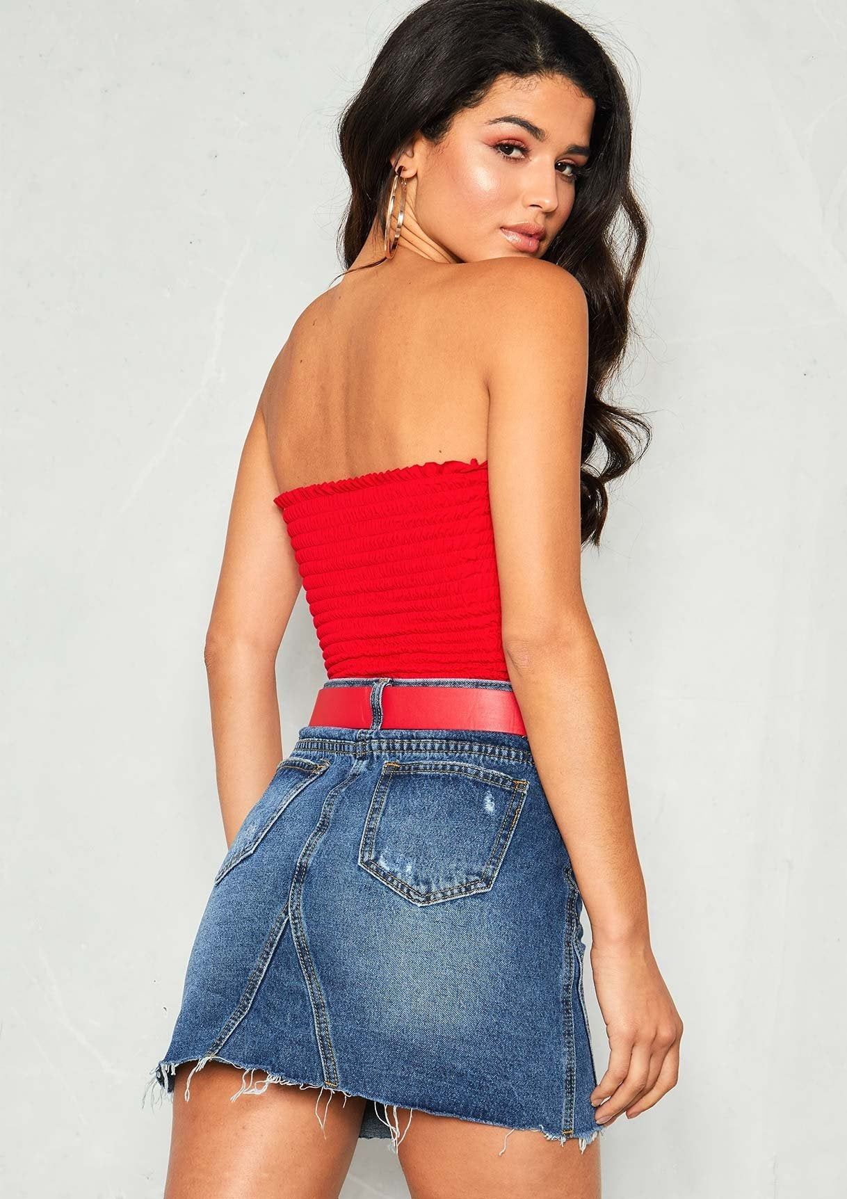 Lydia Red Smock Bandeau Crop Top sold by Missy Empire