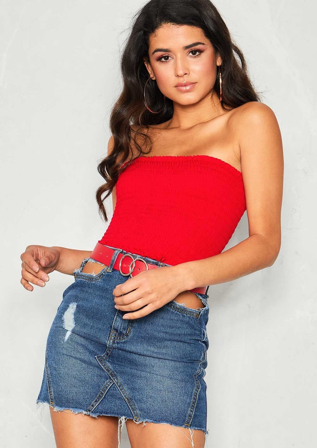 Lydia Red Smock Bandeau Crop Top sold by Missy Empire product image thumbnail 2