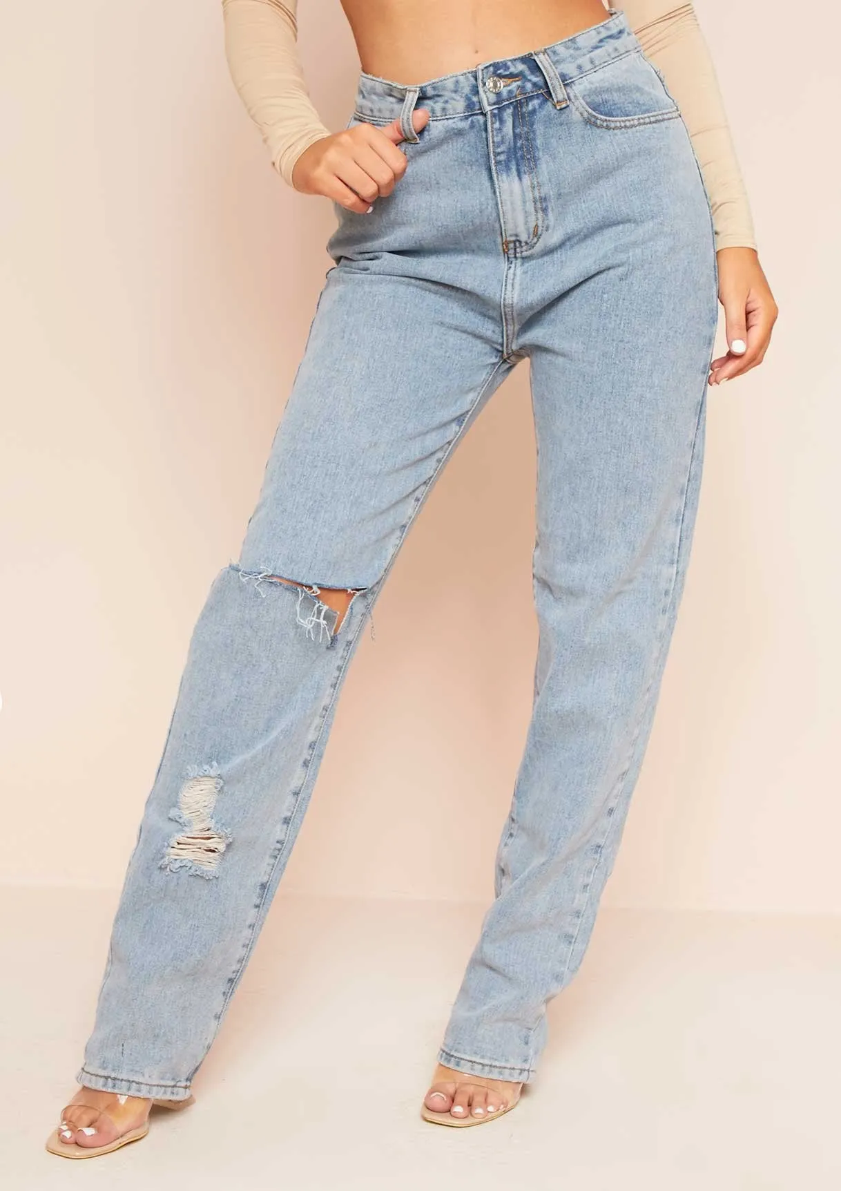 Leana Denim Distressed Knee Rip Jeans sold by Missy Empire