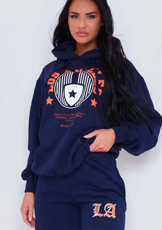 Keaton Navy Los Angeles Varsity Slogan Hoodie made by Missy Empire