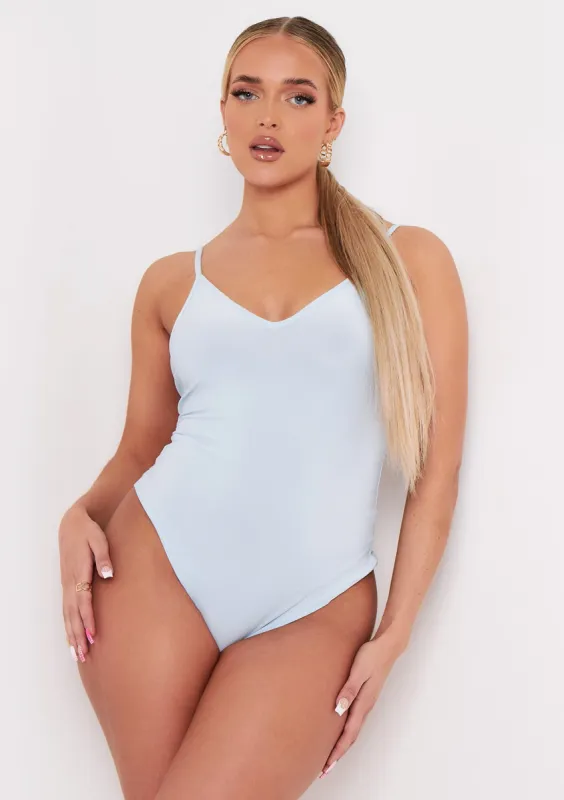 Sidra Pastel Blue Smooth Plunge Strappy Bodysuit sold by Missy Empire