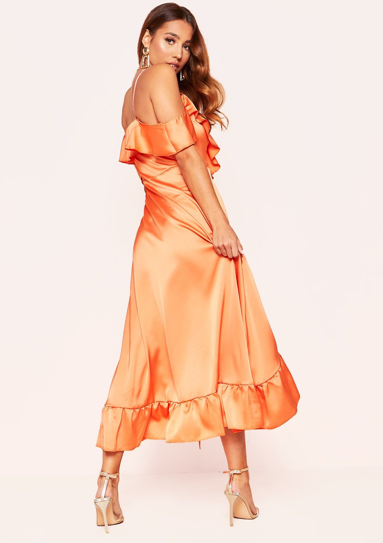 Josie Orange Frill Wrap Split Dress sold by Missy Empire product image thumbnail 3