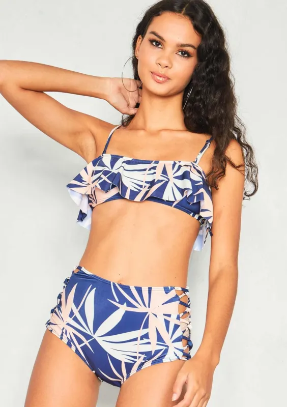 Penelope Navy Tropical Ruffle High Waist Bikini sold by Missy Empire