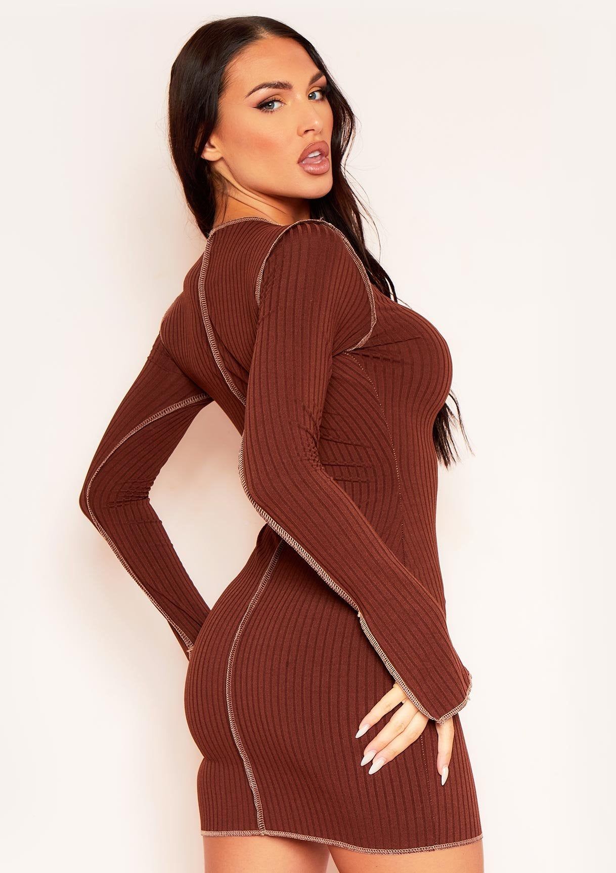 Kylie Chocolate Beige Contrast Stitch Mini Dress sold by Missy Empire product image thumbnail 3