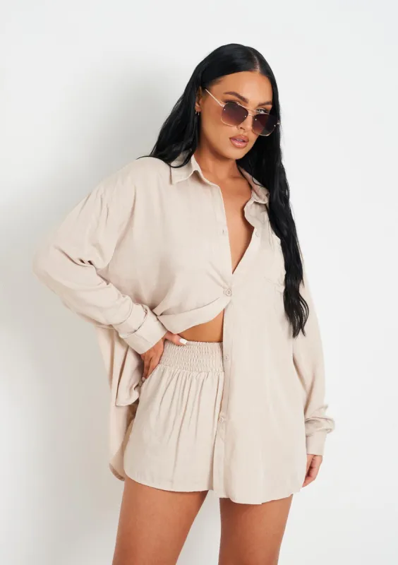 Giana Beige Linen Oversized Shirt sold by Missy Empire