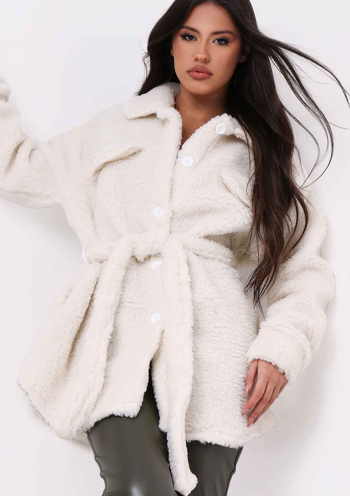 Alicia Cream Borg Belted Pocket Detail Shacket sold by Missy Empire product image thumbnail 5
