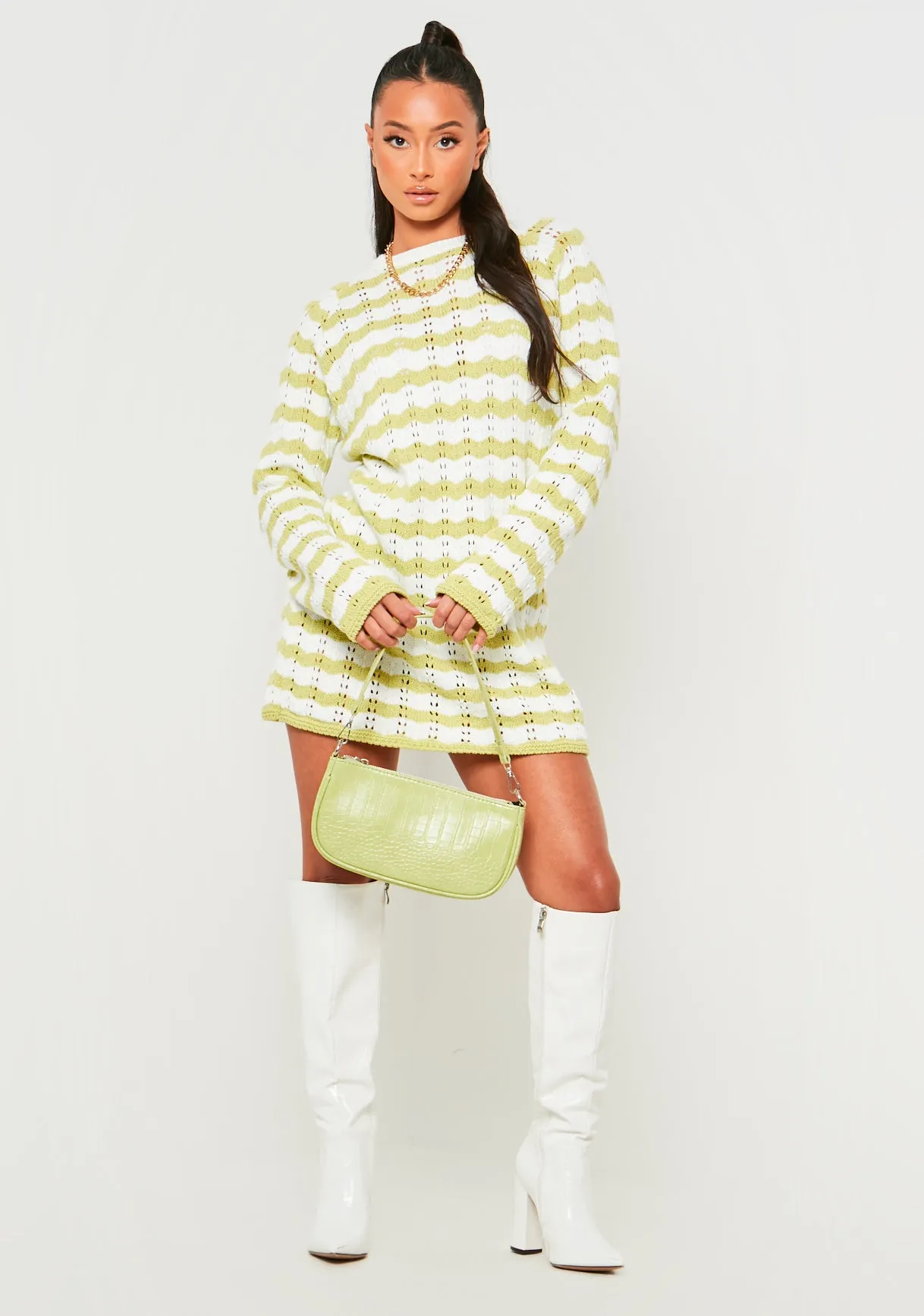 Kaylee Sage And White Crochet Mini Dress sold by Missy Empire product image thumbnail 4