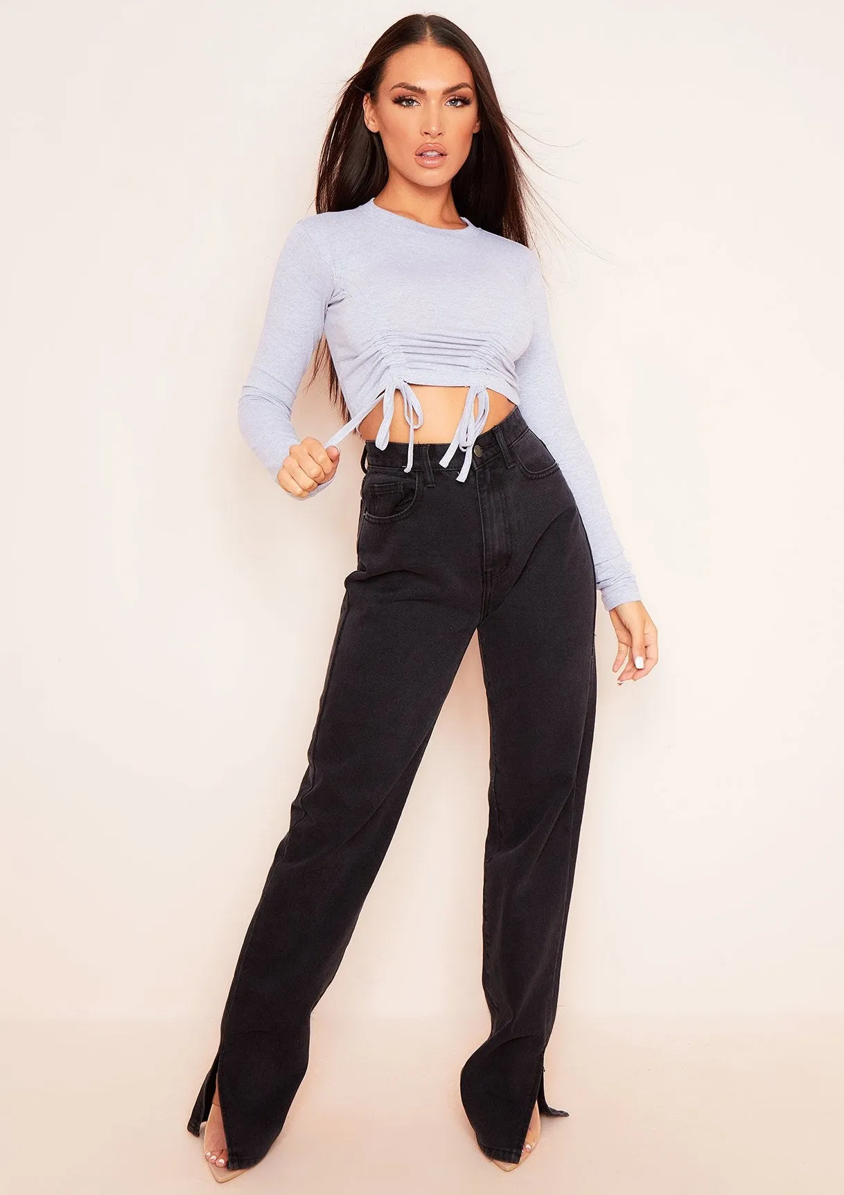 Nina Grey Ruched Front Long Sleeve Crop Top sold by Missy Empire product image thumbnail 3